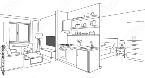 Modern studio apartment interior design with living room and kitchen area view