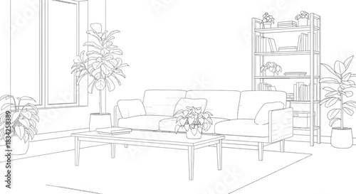 Bright living room interior with sofa plants and sunlight streaming through window