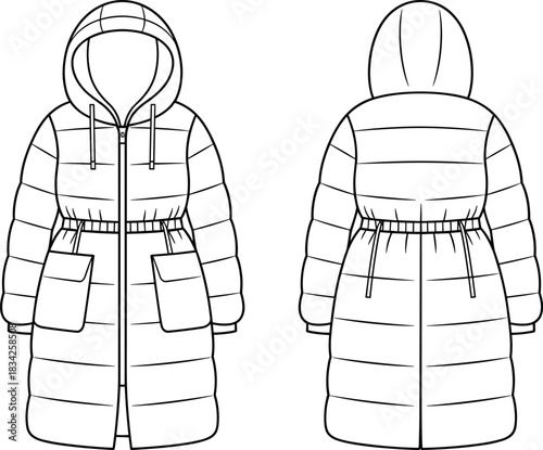 Fashion flat sketch of a hooded puffer coat with drawstring waist and pockets down jacket winter coat