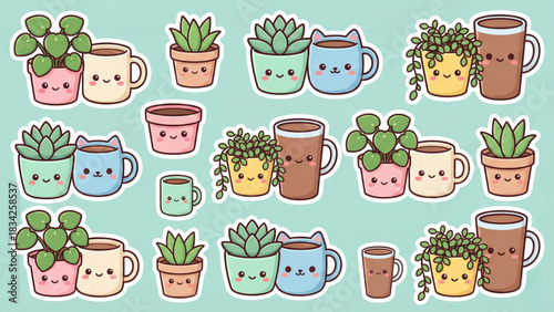 Cute Kawaii Potted Plants and Coffee Mugs with Smiling Faces, Adorable Indoor Garden Companions