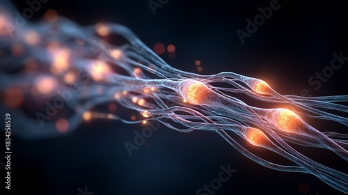 Closeup anatomical visualization of vagus nerve fiber with electrode-like stimulation nodes and signaling activity representing vagus nerve stimulation.
