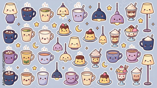 Charming Collection of Hand-Drawn Kawaii Icons Adorable Cups, Sweet Desserts, and Cozy Lamps for Creative Design Projects