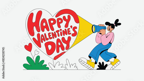 Young woman with telescope searching for love and happiness on valentine s day with a giant heart