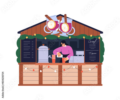 Christmas stall with hot mulled wine. Street winter booth, Xmas fair cabin with vendor and seasonal beverage. Festive market stand with gluhwein. Flat vector illustration isolated on white background.