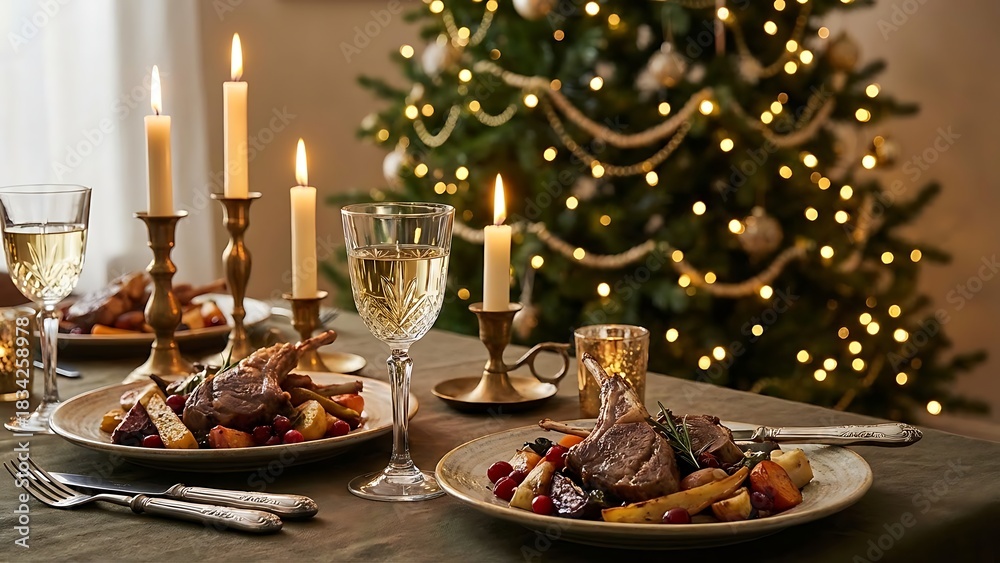 Fototapeta premium Elegant Christmas Dinner with Lamb Chops and Festive Tree