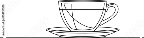 Simple line art illustration of a teacup with tea on a saucer on white