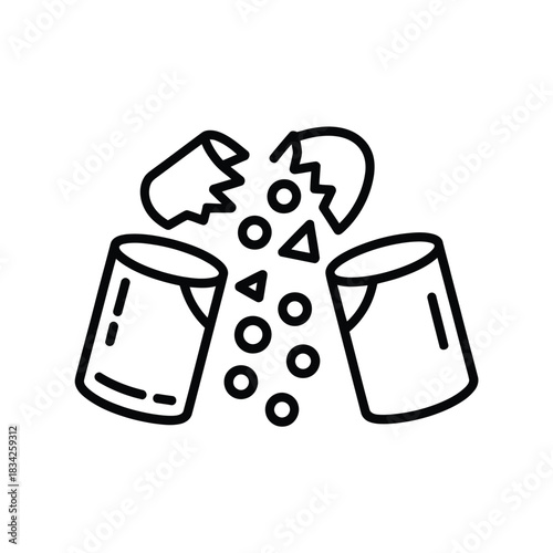 Broken glass containers and shattered glass with debris indicating risk of injury or need for cleanup vector outline illustration