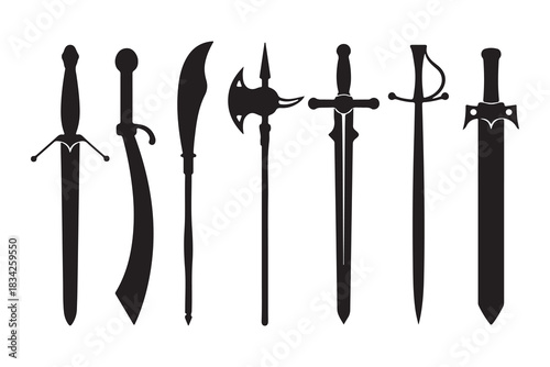 This image displays a collection of stylized silhouettes of various historical weapons. From left to right, we see different types of swords, a scythe-like blade, a halberd, and more swords 
