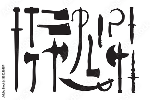 This image displays a collection of medieval weapon silhouettes. Included are various swords, axes, cleavers, a mace, a scythe-like blade, and a dagger. The dark, graphic style emphasizes the distinct