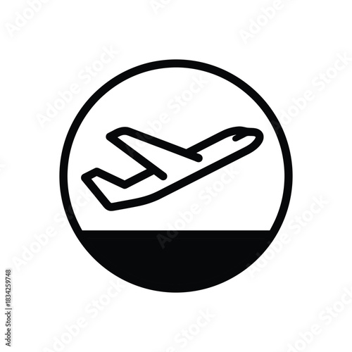 Black outline icon of airplane taking off from runway inside a circular frame representing airport departure or flight symbol