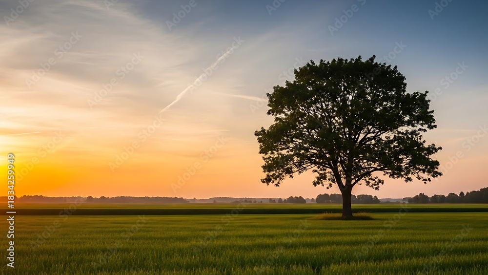 Obraz premium Majestic Solitary Tree Silhouetted in a Lush Green Field at Golden Sunset.