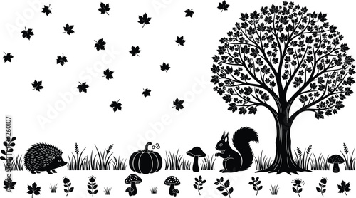 Autumn forest, woodland silhouette, falling leaves, hedgehog illustration, squirrel art, pumpkin scene, nature vector, black design, seasonal flora, mushroom detail