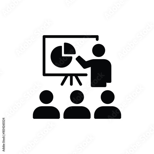 Business person giving seminar or conference presentation with chart and graph analysis on screen training workshop audience vector
