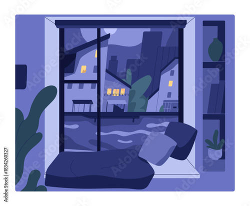 Night view to city street from home window. Windowsill and late hour cityscape outdoors. Dusk, nighttime landscape from indoors. Cosy apartment with cushions on sill. Colored flat vector illustration.