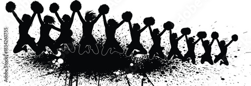Cheerleader silhouette, jumping pose, pom-pom action, team spirit, black vector, energetic scene, dance motion, athletic group, celebration art, youth performance