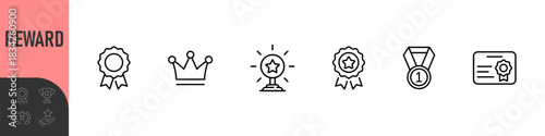 Reward set of web icons in line style. A collection of linear icons representing various reward concepts, including gift, trophy, recognition, reward program, medal, bonus, and more