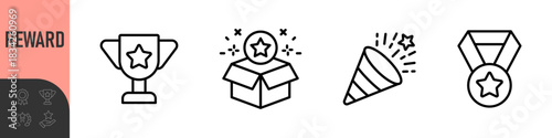 Reward set of web icons in line style. A collection of linear icons representing various reward concepts, including gift, trophy, recognition, reward program, medal, bonus, and more