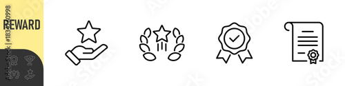 Reward set of web icons in line style. A collection of linear icons representing various reward concepts, including gift, trophy, recognition, reward program, medal, bonus, and more