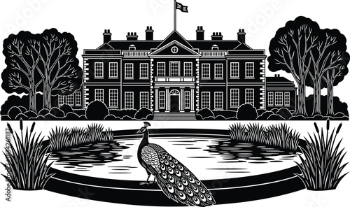Estate silhouette, mansion scene, peacock illustration, pond detail, nature vector, black design, architectural elegance, tree framing, tranquil layout, heritage art