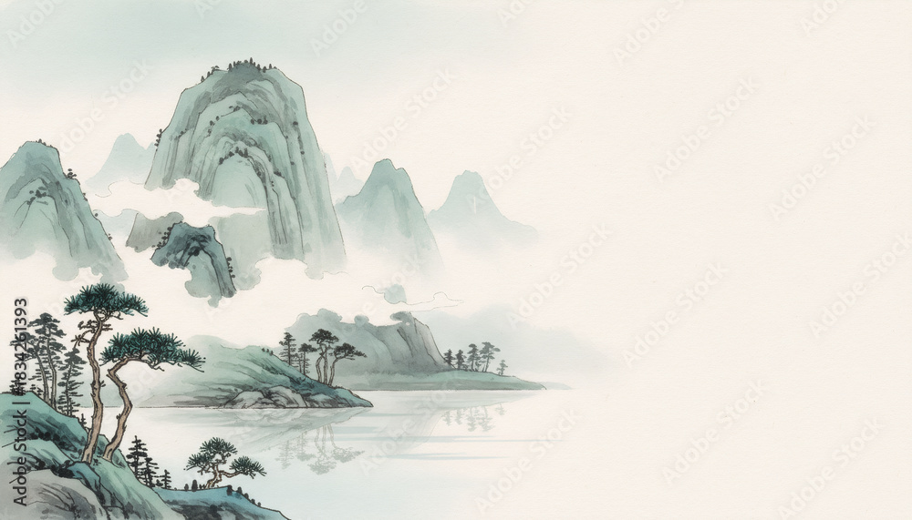 Fototapeta premium Asian landscape watercolor painting with mountains, clouds, pine trees, and calm lake. Traditional chinese or japanese art for background or greeting card.