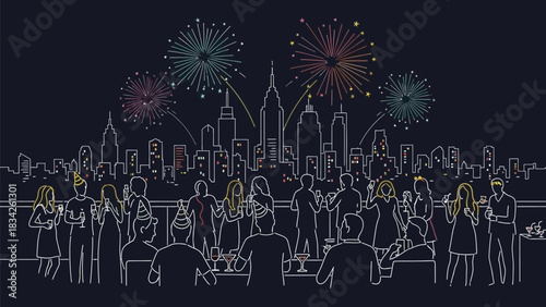 People celebrating new year's eve with fireworks over a city skyline illustration