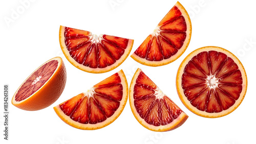 Falling Blood Orange Slices PNG. Flying cut red citrus fruit sections. Dynamic fresh ingredient for salad, cocktail, and healthy food advertising isolated