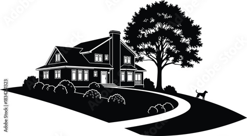 House silhouette, residential scene, dog on driveway, tree framing, black vector, suburban layout, nature detail, home design, peaceful yard, architecture sketch
