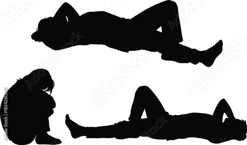 Human silhouette, relaxed pose, contemplative figure, lying person, sitting posture, black vector, peaceful scene, introspective mood, body outline, rest moment