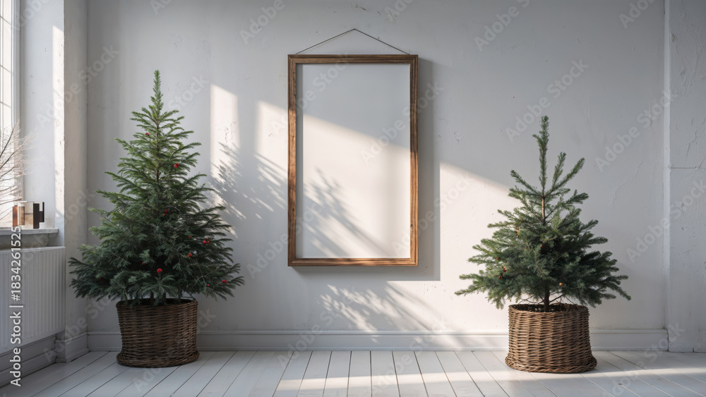 Fototapeta premium Minimalist Christmas Interior with Two Pine Trees and Empty Wooden Frame