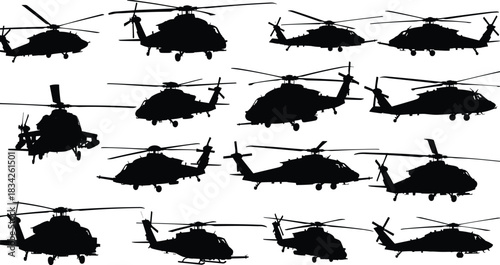 Military helicopters, silhouette aircraft, aviation vector, rotor design, tactical transport, black illustration, defense fleet, helicopter models, side profile, airborne units
