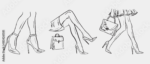 Hand drawn woman fashion shoes posters. Vector sketch illustration in vintage crayon charcoal style. Shopping posters, models, international woman day