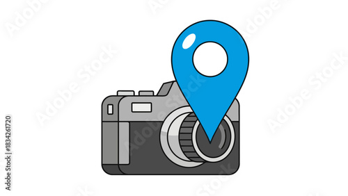 A gray camera partially obscured by a large blue map pin icon