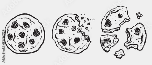 Hand drawn set of a chocolate chip cookie being eaten. Vector sketch illustration in vintage crayon charcoal style, ideal for food storytelling, snack branding, or playful culinary visuals.