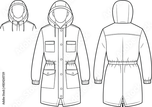 Fashion illustration of a hooded parka jacket front back and detail views coat outerwear