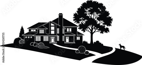 Residential silhouette, suburban house, driveway scene, dog presence, tree framing, black vector, peaceful layout, nature detail, home architecture, yard design