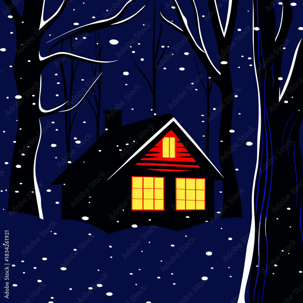 Fototapeta premium Cozy Cabin in Snowy Woods A Winter Retreat.