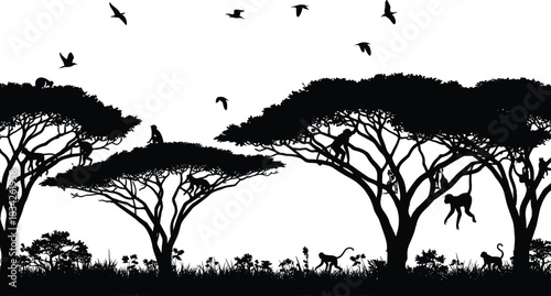 Savanna silhouette, acacia trees, monkey scene, flying birds, nature vector, black design, wildlife art, dry landscape, animal activity, ecosystem sketch