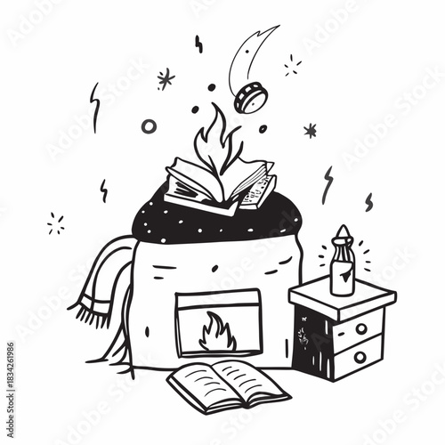 Cozy Reading Nook with Fireplace and Magical Books.