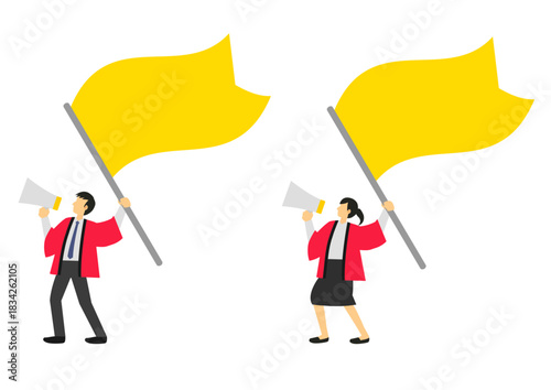 黄色い旗とメガホンを持つ赤色の法被を着た男性と女性の店員のセット
