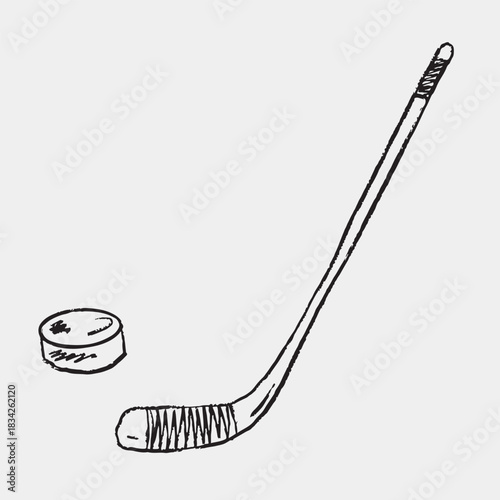 Hand drawn hockey stick and puck. Vector sketch illustration in vintage crayon charcoal style. Winter sports label, invitation design, equipment