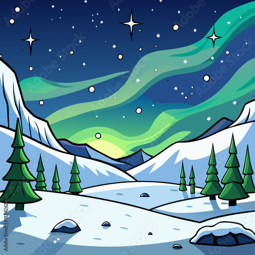 Enchanting Aurora Borealis Over a Snowy Winter Landscape.