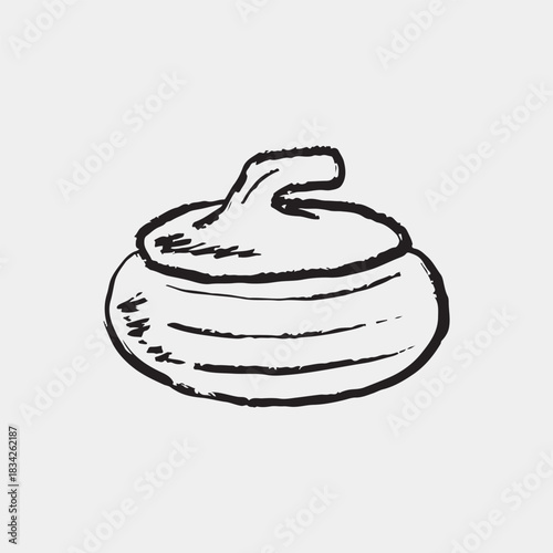 Hand drawn curling stone with handle. Vector sketch illustration in vintage crayon charcoal style. Winter sports, education, or promo design