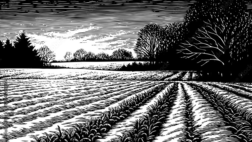 Fototapeta premium snowy open field glowing under a warm black and white sketch sunrise, creating a serene peaceful winter atmosphere perfect for Christmas 2026 visuals