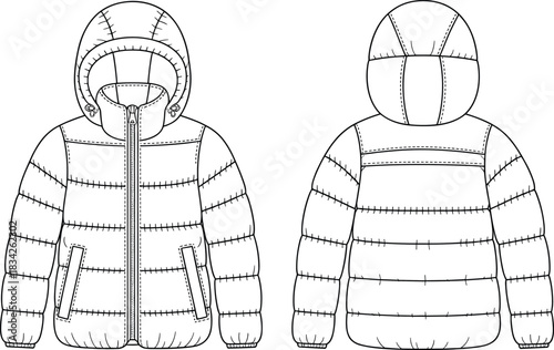 Front and back fashion illustration of a puffer jacket with hood winter coat outerwear