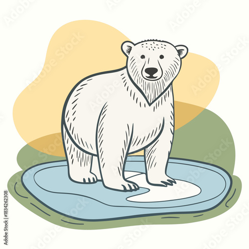 Illustration of a polar bear standing on a melting ice floe.