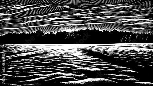 snowy open field glowing under a warm black and white sketch sunrise, creating a serene peaceful winter atmosphere perfect for Christmas 2026 visuals