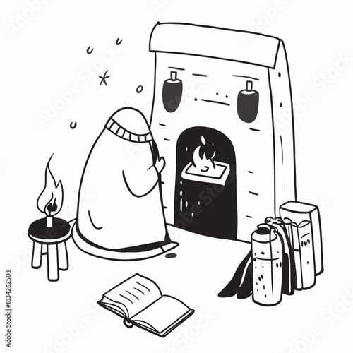 Person Meditating by Fireplace with Books and Candle.