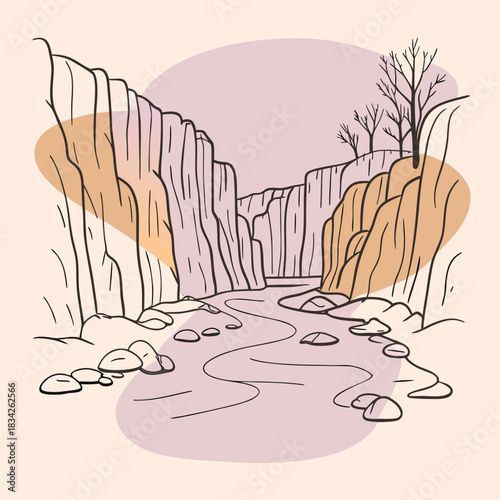 Serene Canyon Landscape with Winding River and Bare Trees.