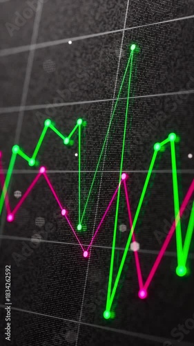 A seamless 3D loop animation featuring glowing market graphs rising and falling against a textured dark interface, ideal for financial data, trading visuals, and economic analytics.
