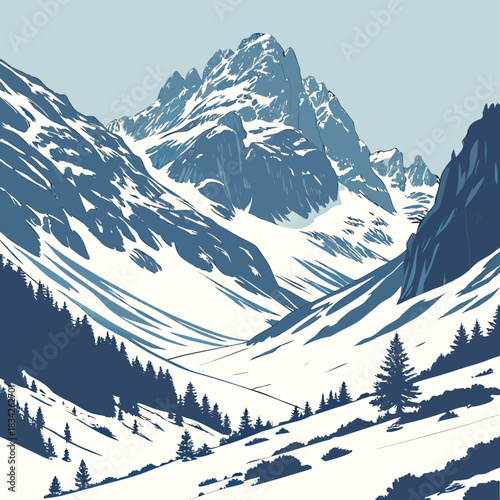 Snowy Mountain Range Landscape Illustration in Winter.